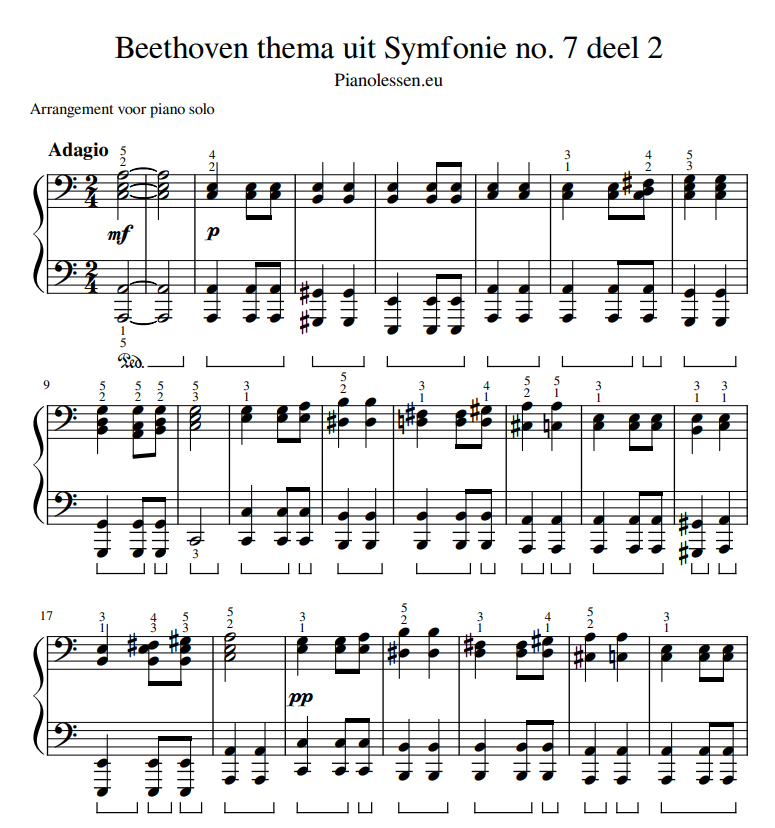 cascade Blokkeren straal Beethoven thema uit Symfonie no. 7 deel 2 Bladmuziek PDF sheet |  Pianolessen.eu