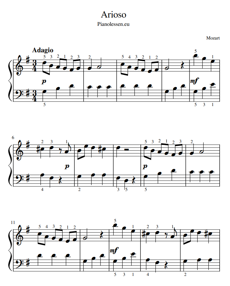 MOZART ARIOSO eenvoudige klassieke bladmuziek piano